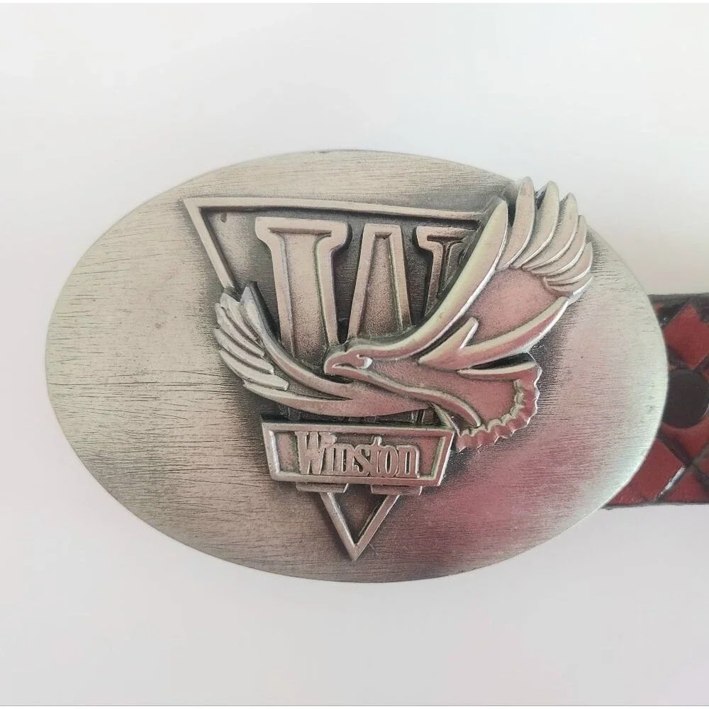 Vintage Winston Eagle Buckle W/Tooled Brown Bridle Leather Belt USA Size 32/34